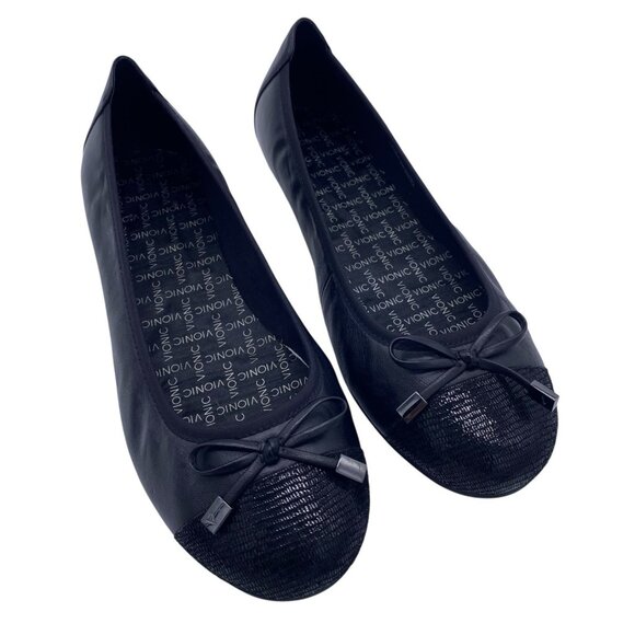 Vionic Minna Ballet Flats 9 Wide NO INSOLES Black Leather Croc Cap Toe Bow Shoes - Picture 1 of 11